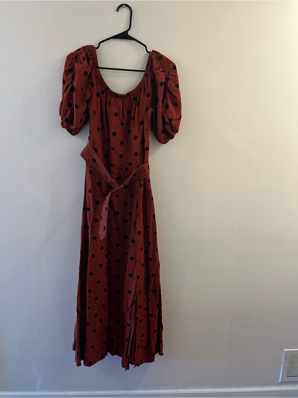 Anthropologie Rust Red Polka Dot Maxi Dress with Puff Sleeves